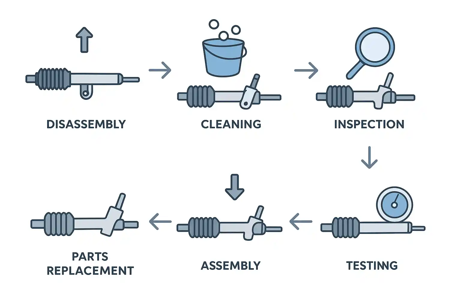 Stūres mehānisma atjaunošanas procesa soļi: izjaukšana, tīrīšana, jaunas daļas, testēšana