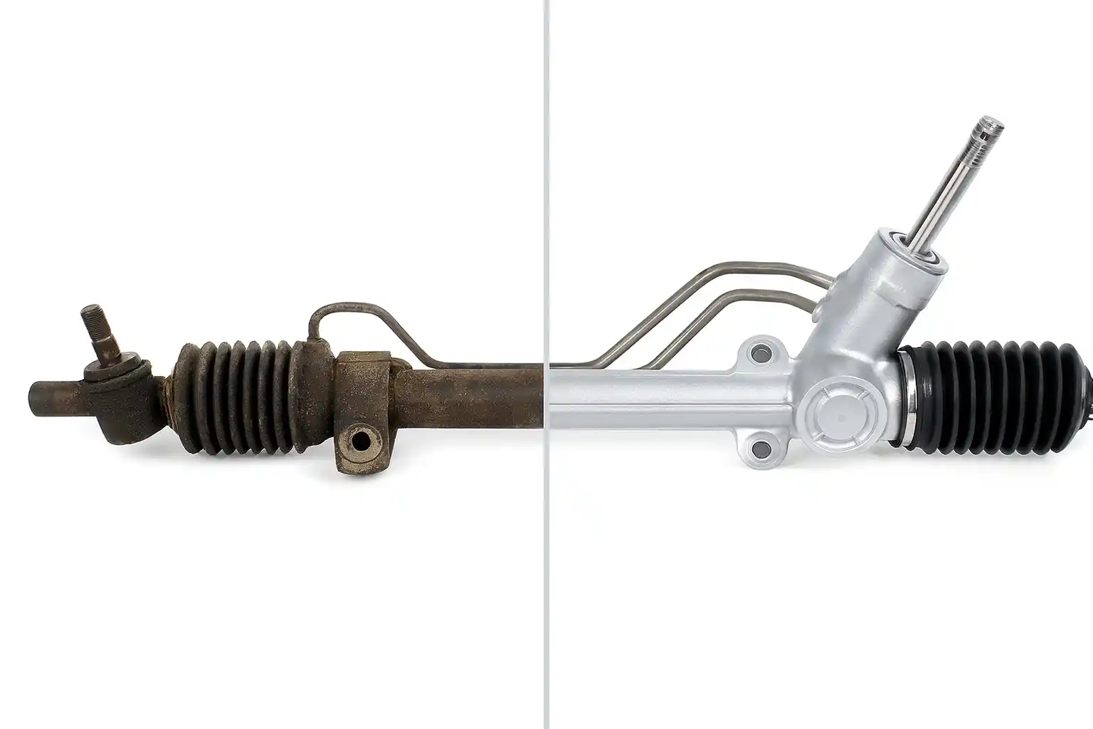 Atjaunots stūres mehānisms (stūres reika) pirms un pēc atjaunošanas